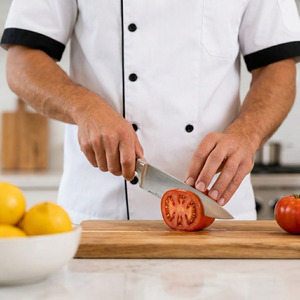 Custom Chef Coat Short Sleeve Mandarin Collar Breathable Stretch TR Spandex <b>Kitchen</b> Uniform with Logo - Product Image 6