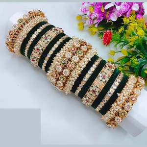 Luxury Kundan & Pearl Velvet Bangle <b>Set</b> Elegant Bridal Pearl <b>Bracelets</b> Premium Wedding Jewelry Collection - Product Image 1