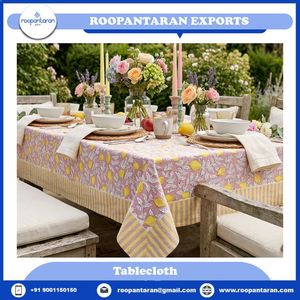 Manteles de algodón estampados a mano con motivos florales, 180x340 cm, manteles de algodón con diseño floral de limón, rosa y amarillo, estilo rústico - Product Image 2