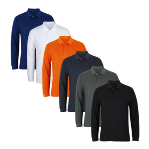 Men Long Sleeve <b>Polo</b> <b>Shirt</b> Cotton Pique Solid <b>Orange</b> Casual Button Down Regular Fit Knitted Fabric Anti Shrink - Product Image 2