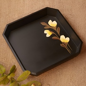 Hexagonal Wooden Serving Tray Handpainted Yellow Flower Design Traditional Chinese Style <b>Decorative</b> <b>Plate</b> - Product Image 2