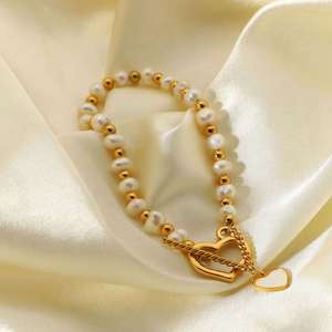 Pulsera de Perlas de Imitación con Cruz de Corazón, Chapada en Oro de 18K, Aleación de Zinc y Acero Inoxidable, BLACKTIE BKT3358, Joyería para Mujer - Product Image 2