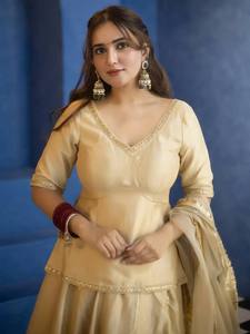 Ensemble Anarkali en soie dorée avec dupatta, tenue de mariage indienne traditionnelle, robe ethnique longue pour femmes - Product Image 3