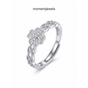 Luxurious <b>Resizable</b> Silver Clover Fine <b>Ring</b> Open Band Floral Jewelry for Women Gift - Product Image 1