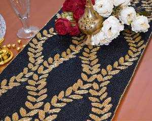 Black Gold Beaded <b>Table</b> Runner Rectangle Fabric Glam Handmade Mats - Product Image 5