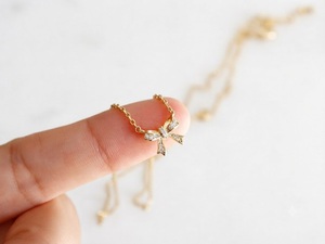 14K Solid Gold Lab Diamond Small Dainty Ribbon Bow Pendant <b>Necklace</b> with E Color VS Encrusted Minimalist Bridesmaid Gift for Her - Product Image 3