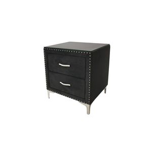 Comodino Glamour con Due Cassetti, Rivestimento in Tessuto con Borchie e Lavorazione Trapuntata, Vetro Temperato, Legno e Metallo, Arredamento Camera da Letto - Product Image 1