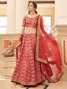 <b>Red</b> Embroidered Modern Floral Lehenga Choli Art <b>Silk</b> Evening Dress with Net Dupatta Natural Waistline Traditional Wedding Outfit - Product Image 1