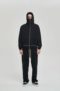 Sudadera con capucha y cremallera Ninja de cuello alto para hombre con logotipo personalizado 360GSM forro polar de algodón pesado diseño de cara con cremallera de gran tamaño liso teñido invierno - Product Image 6