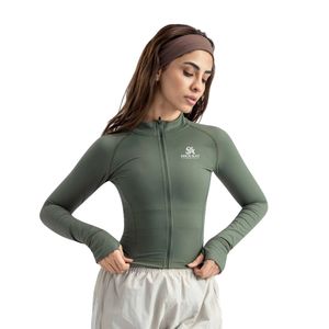 Chaqueta Corta Ajustada Verde Oliva para Mujer, con Cierre Completo, Cuello Alto, Manga Larga, Elástica, para Fitness y Uso Casual - Product Image 2