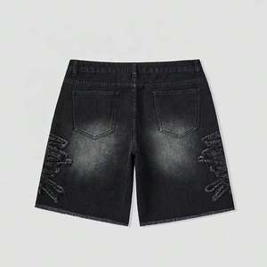 Custom Summer Embroidery Rhinestone Applique Distressed Streetwear Acid Wash <b>Jeans</b> Shorts <b>Men</b> Baggy Denim - Product Image 2