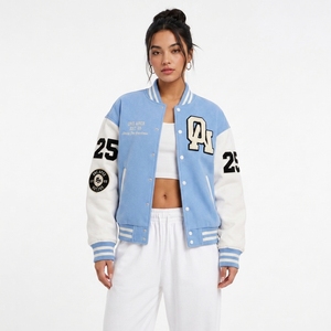 Custom Sky Blue <b>Varsity</b> <b>Jacket</b> <b>Men</b> Wool Blend Letterman <b>Jacket</b> Chenille Patch College <b>Bomber</b> <b>Jacket</b> OEM Streetwear - Product Image 4