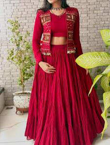Traditional Indian <b>Red</b> Cotton Floor-Length Wrinkle-Free <b>Lehenga</b> Set Embroidery Real Mirror Work Tassels Diwali Occasion Women's - Product Image 3