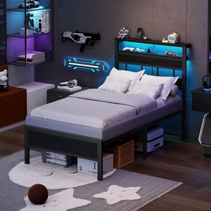 Lit double en métal avec tête de lit LED et rangement, station de charge, mobilier de chambre moderne noir, fabrication vietnamienne OEM/ODM - Product Image 5