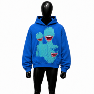 Sudadera con Capucha Moderna con Estampado Gráfico de Monstruo Azul, Diseño Alienígena, Corte Holgado Informal, Logotipo Frontal, Manga Regular, Algodón Tejido, Otoño - Product Image 1
