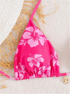 Women's Pink Floral Bikini Set <b>Crossed</b> Halter <b>Top</b> Tie Side Bottom Spandex Polyester Swimwear Two Piece Stretch Fit - Product Image 4