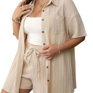 Conjunto Casual de Dos Piezas para Mujer, Camisa con Botones y Pantalones Cortos con Cordón, Talla Grande, Ropa de Verano para Estar en Casa - Product Image 2