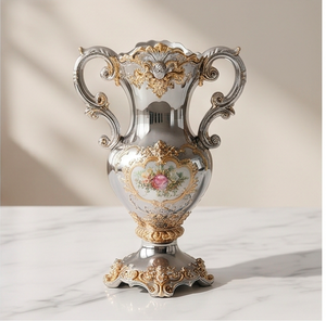 Vase urne vintage en argent orné avec poignées dorées et médaillon floral, idéal pour la décoration moderne de la maison, des espaces de bureau et des mariages - Product Image 3