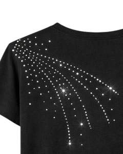 Camiseta de algodón negra personalizada para mujer con diseño de borlas de diamantes de imitación, manga corta, cuello redondo, top informal de moda para damas, venta al por mayor. - Product Image 6