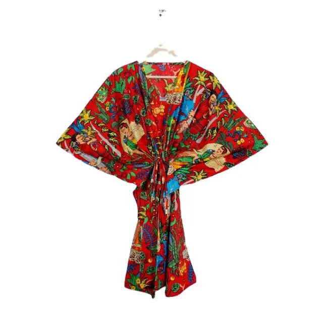 Katun Farida khalo dicetak Kaftan katun wanita kain alami Kaftan pendek pakaian musim panas ukuran Plus gaun pakaian pantai