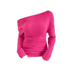 Women One <b>Shoulder</b> Ruched Long Sleeve Slim Fit Casual Street wear Pink <b>Sweatshirt</b> Heavyweight Fleece Pullover Top - Product Image 1