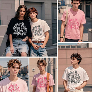 Camiseta Oversize Rosa de Algodón Jersey con Cuello Redondo y Manga Corta, Estilo Urbano con Estampado, Ajuste Casual para Hombre - Product Image 5