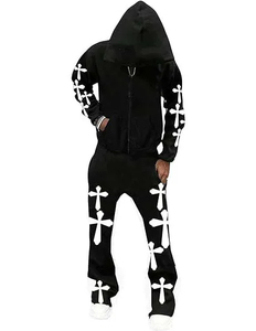 Ensemble de survêtement unisexe noir OEM en gros, avec capuche, fermeture éclair, manches longues, broderie étoile croisée, style streetwear décontracté - Product Image 2