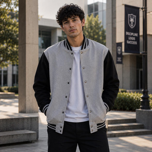 Veste universitaire grise et noire pour homme avec fermeture boutonnée, vêtement décontracté pour l'automne - Product Image 1