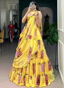 Ensemble Lehenga en Chiffon à Imprimé Floral Jaune pour Femmes, Robe de Mariage Indienne et Pakistanaise, Tenue de Fête Légère et Festive - Product Image 3