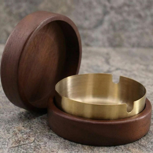 <b>Vintage</b> Customized Wooden and Metal <b>Ashtray</b> with Deep Bowl Smoking Holder for Cigarette Cigar Tabletop Decoration - Product Image 1