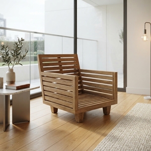 Estructura de sofá individual Sunrise de madera premium, minimalista, de madera maciza de teca, para sala de estar, sillón individual, unidad de estructura con almohadillas. - Product Image 2