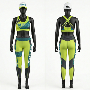 Conjunto deportivo para mujer, leggings de poliéster y spandex GSM y sujetador deportivo, paneles en contraste verde neón, logotipo sublimado que absorbe la humedad - Product Image 1