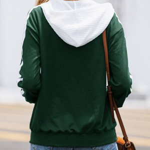 Sudadera de Mujer con Capucha y Cierre, Color Sólido, Manga Larga, Tejido de Algodón, para Otoño, Verde con Detalle de Raya Blanca - Product Image 5