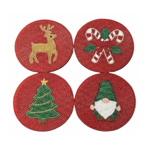 Modern Glass Beaded Square Handmade Coaster Set 4 Gift <b>Box</b> <b>Coffee</b> Drink Dining <b>Table</b> Mats Red/Green/White Christmas Festive - Product Image 5
