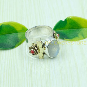 แหวนเงินแท้ 925 ประดับมูนสโตนสีรุ้งไฟฟ้าสีน้ำเงินและปะการังสีแดง พร้อมวงแหวนทองเหลือง แหวนทำมือแบบตอกลายสำหรับเครื่องประดับมูนสโตน - Product Image 5