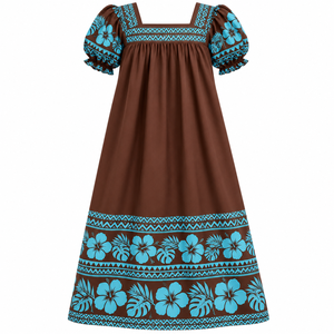 Robe Mumu personnalisée, écologique, lavable, infroissable, respirante, à manches courtes bouffantes, imprimé polynésien uni, avec col et taille naturelle - Product Image 1