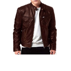 Blouson en cuir PU personnalisé pour homme, coupe slim et carrée, style vintage, brodé, fermeture éclair, marron, collection printemps, avec logo frontal - Product Image 1