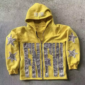 เสื้อฮู้ดซิปสีดำสำหรับผู้ชาย ทรงโอเวอร์ไซส์ สไตล์สตรีทแวร์  ตกแต่งลายอักษรและดาว  ผ้าฝ้ายเฟรนช์เทอร์รี่ - Product Image 5