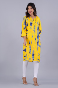 Women Yellow Tie <b>Dye</b> Printed Kurti with , 3/4 Sleeves Casual Ethnic Wear Straight Kurta for Daily Wear . - Product Image 4