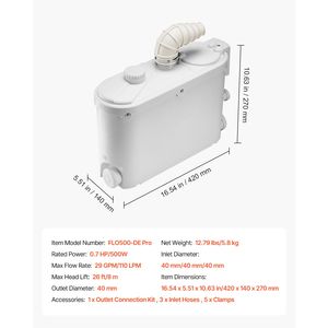 Pompa Maceratrice 500W, Portata 29 GPM, Prevalenza 26 Ft/8 m, Ingresso Acqua di Scarico/Toilette, 4 Uscite Acqua, Smaltimento Rifiuti, Tritarifiuti UPF - Product Image 4