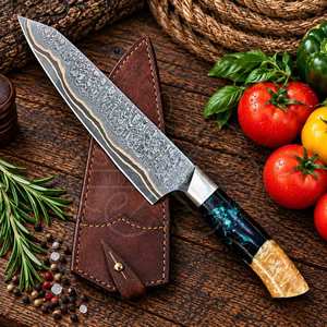 Cuchillo de Chef Profesional de Acero Damasco y Cobre Forjado a Mano, Hoja Hecha a Mano de Lujo, Mango Personalizado, Acabado de Alto Brillo, Ambidiestro - Product Image 2