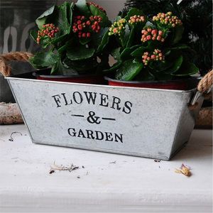 Galvanized Metal Oval <b>Planter</b> Set Rustic Ribbed Iron Flower Pot with Wood Handle Vintage Farmhouse Garden Zinc Bucket Decor Pot - Product Image 6
