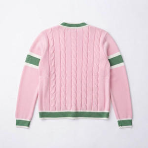 Cardigan en tricot respirant à motif torsadé en coton, style preppy, avec lettres AK, vert et rose, pour femmes, vêtements grecs, vente en gros - Product Image 2