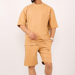 New Summer Men's Tracksuit <b>Set</b> 100% Cotton Quick Dry <b>Knitted</b> Crew Neck 280g Short Sleeve T-Shirt Shorts Streetwear Customizable - Product Image 1