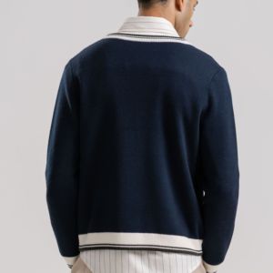 Suéter Cárdigan de Punto Azul Marino Estilo Vintage Personalizado para Hombre, Cuello en V, Botones, Manga Larga, Estilo Universitario, Informal - Product Image 3