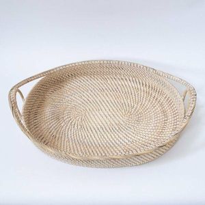 Meilleur prix, plateau décoratif rond en fibres végétales tissées à la main avec poignées, style bohème, artisanat en bambou et rotin - Product Image 1