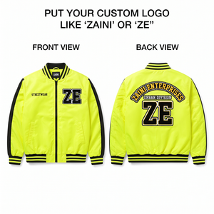เสื้อแจ็คเก็ตบอมเบอร์โพลีเอสเตอร์พรีเมียม 240 GSM สีเหลืองนีออน แขนเสื้อสีดำ พร้อมปักโลโก้ด้วยไหมเชนีลแบบกำหนดเอง - Product Image 1