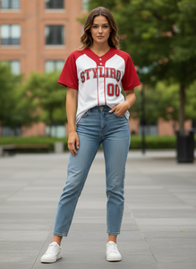 Styliro Baseball Jersey <b>Red</b> White Short Sleeve Button Front Unisex Adult Breathable Polyester Sportswear - Product Image 4