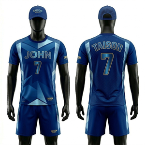 ชุดวอลเลย์บอลชายพรีเมียม ผ้าโพลีเอสเตอร์ 160 GSM ระบายอากาศได้ดี สีน้ำเงิน ลายเรขาคณิต ออกแบบโลโก้ด้วยเทคนิค Sublimation ได้ตามต้องการ - Product Image 1