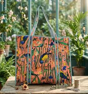 Sac fourre-tout en coton matelassé à fleurs bohèmes rouges, sac à main à bandoulière avec fermeture éclair, idéal pour les voyages et l'usage quotidien - Product Image 3